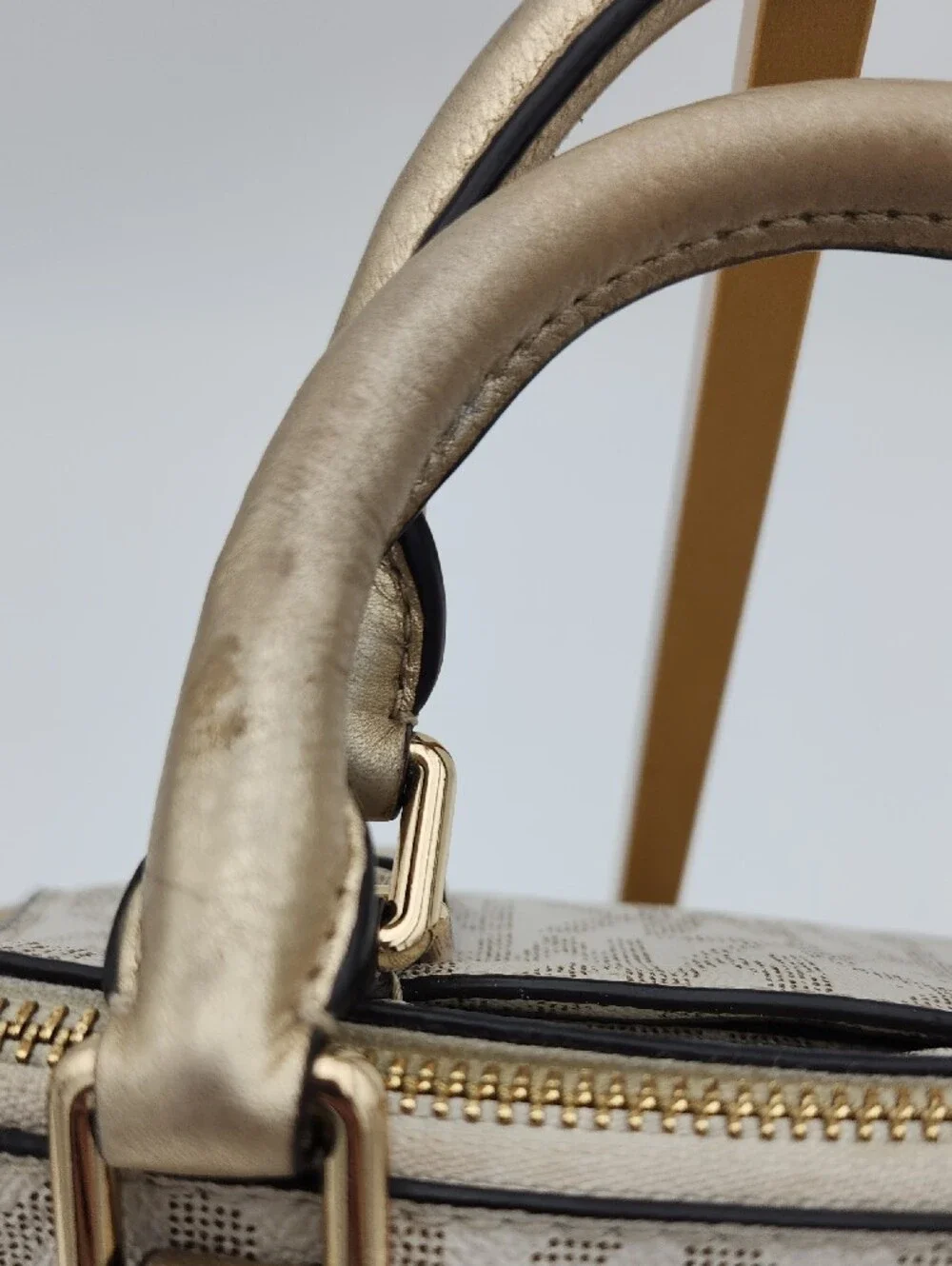 Michael Kors Metallic Gold Logo Satchel with Beige Paneling